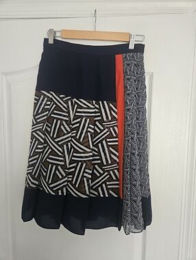 Diane Von Furstenberg Navy Geometric Midi Skirt with Red Stripe